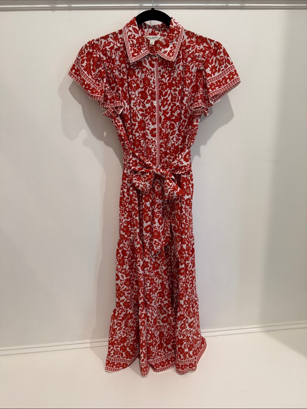 Max Studio Brick Red and Cream Floral Maxi Dress with Tie Waist